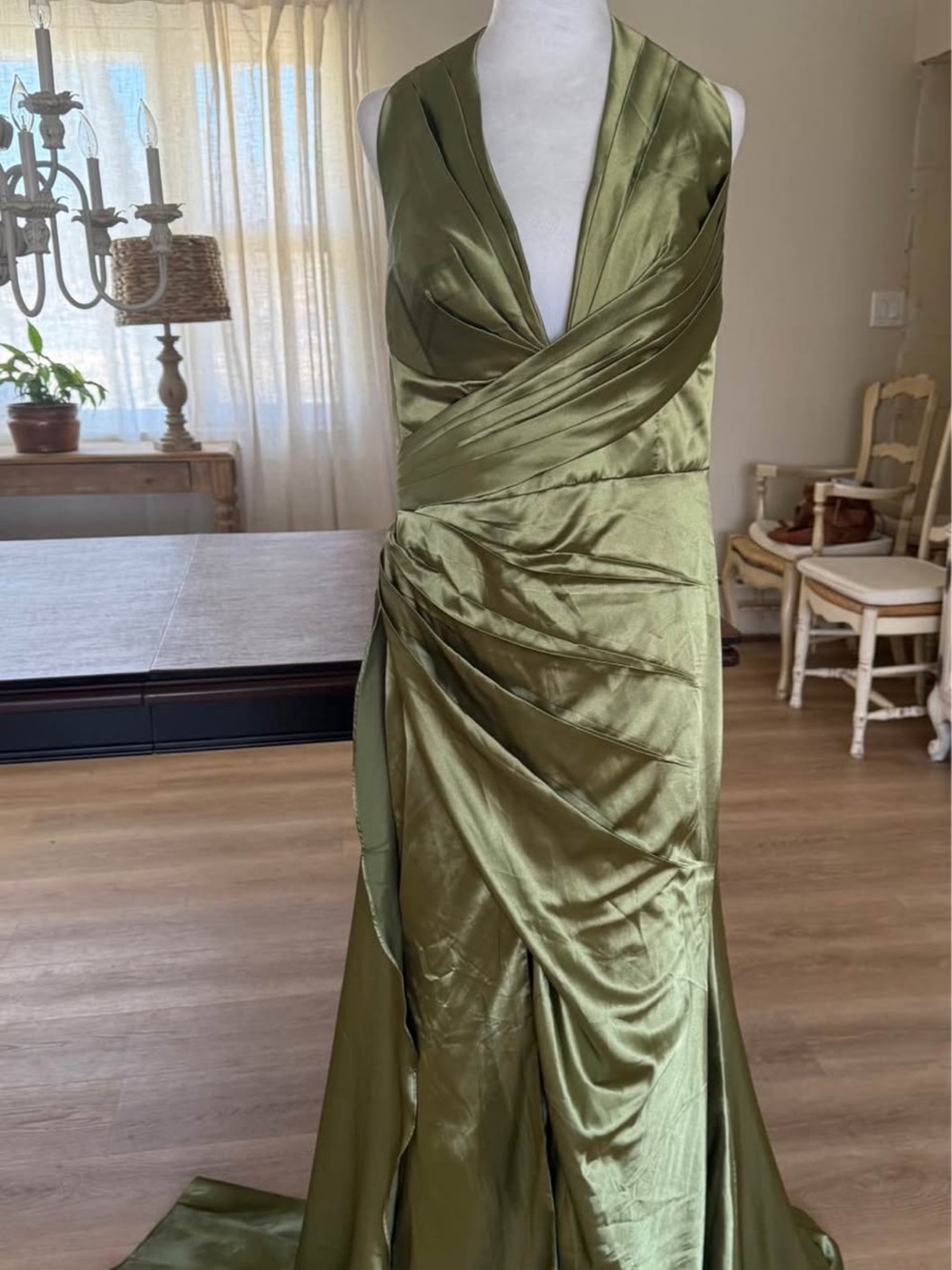 Olive Satin Draped Halter Prom Gown